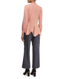 Long-Sleeve Scalloped-Hem Blouse, Pomegranate/Multi