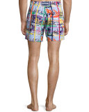 Moorea Animal-Print Swim Trunks, Blue