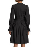 Long-Sleeve Pleated Shirtdress, Black