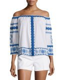 Wanda Off-The-Shoulder Embroidered Top, White/Blue
