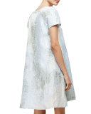 Short-Sleeve Yarn-Dyed A-Line Dress, Aqua