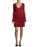 Sharlynn Long-Sleeve Tiered Dress, Rubiate