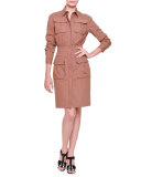 Four-Pocket Zip-Front Shirtdress, Beige