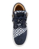 Woven Leather High-Top Sneaker, Navy