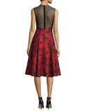 Sleeveless Floral Jacquard Fit-and-Flare Dress, Red