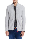 Ribbed Cashmere Full-Zip Cardigan, Light Gray