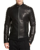 Leather Quilted-Panel Moto Jacket