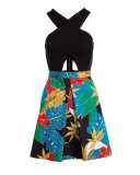 Ali Crossover Floral-Trim Ponte Dress, Black/Multicolor