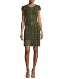 Cap-Sleeve Grommet Fringe-Skirt Bandage Dress, Kale/Combo