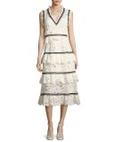 Tiered Lace Sleeveless Midi Dress, White/Black