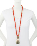Carnelian Beaded Necklace w/Shell Pendant, Orange