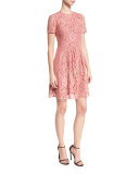Short-Sleeve Lace Fit-and-Flare Dress, Antique Rose