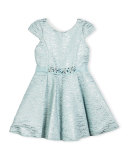 Cap-Sleeve Metallic Brocade Fit-and-Flare Dress, Blue, Size 4-6X