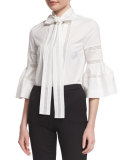 Bell-Sleeve Tie-Neck Cotton Blouse, White