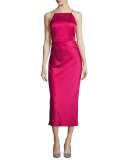 Crisscross-Back Satin Midi Dress, Raspberry