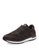 Suede & Nylon Trainer Sneaker w/Shearling Tongue, Gray/Brown
