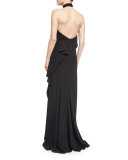 Halter-Neck Gown W/Side Ruffle, Black