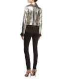 Cage-Print Tie-Neck Silk Blouse, Black/Gold