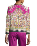 Ikat-Print Open Bracelet-Sleeve Jacket, Fuchsia/Ivory/Green