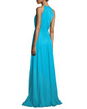 Sleeveless Shirred Silk Gown, Aqua