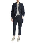 Drawstring-Waist Windowpane Cropped Pants, Navy