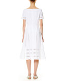 Illusion-Trim Short-Sleeve Midi Dress, White