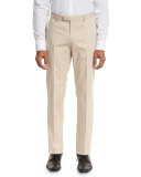 Stretch-Cotton Flat-Front Trousers, Tan