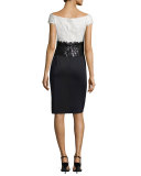 Cap-Sleeve Lace Sequined-Waist Combo Cocktail Dress 