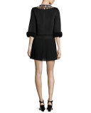 Embroidered Shearling Fur Cropped Jacket, Black