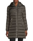 Orophin Long Puffer Coat w/Leather Trim, Olive