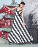 Sleeveless A-line Striped Dress, Black/Multi