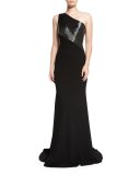 One-Shoulder Beaded Crepe Gown, Pewter/Black