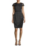 Cap-Sleeve Swiss-Dot Sheath Dress, Black