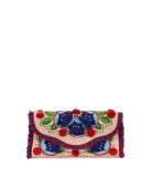 Embroidered Floral Flap Clutch Bag, Natural/Red/Blue