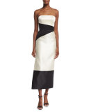 Strapless Colorblock Column Midi Gown, Ivory/Black