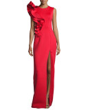 Sleeveless Ruffle-Trim Crepe Column Gown