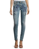 Embroidered Slim-Leg Jeans, Blue
