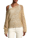 Crochet Oversized Boat-Neck Sweater, Beige