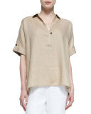 Oversized Short-Sleeve Linen Tunic, Petite 