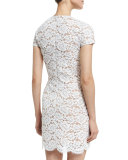 Short-Sleeve Gardenia-Lace Mini Dress, Optic White