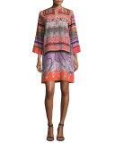Printed Sash-Neck Tunic Dress, Multi