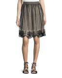 Embroidered Sheer-Overlay Skirt, Black