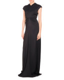 Cap-Sleeve Open-Back Fishtail Gown, Black
