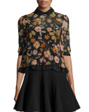 Floral Half-Sleeve Tie-Neck Blouse, Black