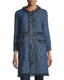 Zarafilla Tweed Zip-Front Coat with Fringe Trim, Blue