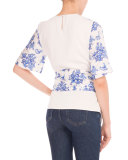 Delft-Print Tie-Front Tee, Ivory/Blue