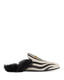 Princetown Zebra-Inlay Fur-Lined Mule, Black/White