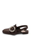 Pearly-Buckle Leather Slingback Flat, Brown