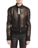 Stand-Collar Zip-Front Leather Bomber Jacket, Black