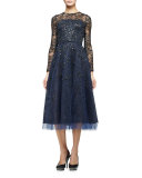 Long-Sleeve Degrade Embellished Midi Dress, Navy/Black